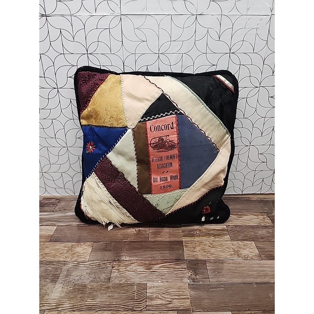 Antique VICTORIAN CRAZY QUILT PILLOW Velvets Old Home Week 1899 Veteran Firemen